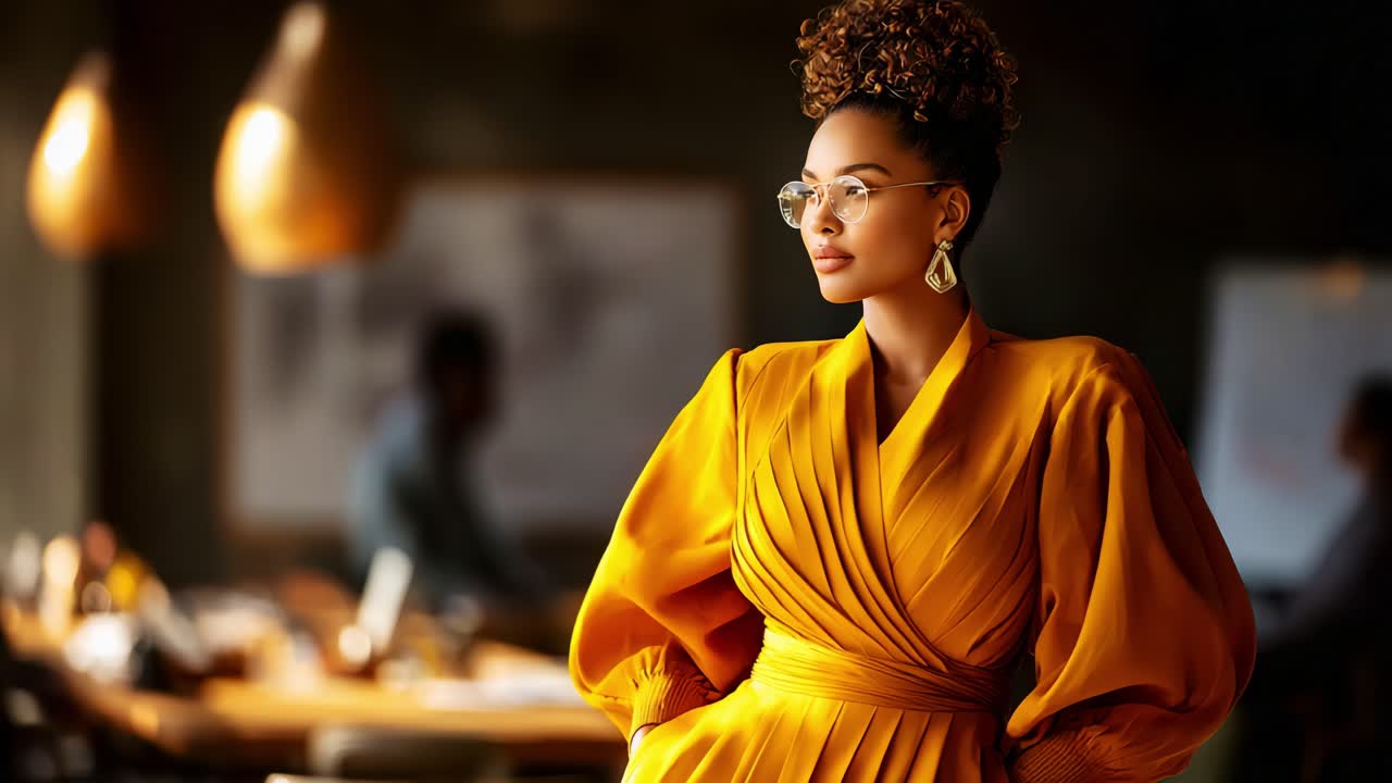 Stylish Woman in a Bold Yellow Dress Exudes Confidence and Elegance in a Modern Workspace, Combining Fashion and Professionalism in a Captivating Setting