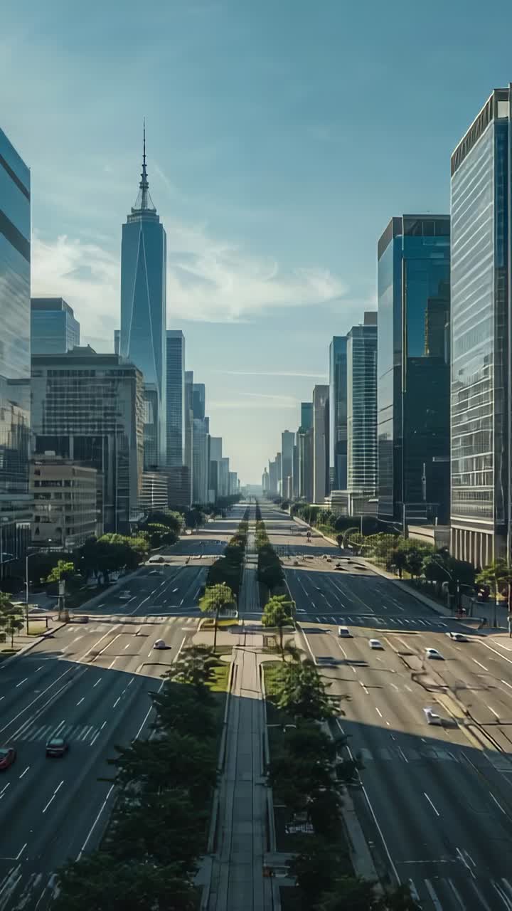 Vertical video: Opening view showing cars moving along downtown boulevard, trees and glass towers