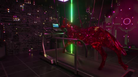 abstracto tren de caballos fluidos fantásticos en una cinta de correr en una sala de tecnología. concepto irrealista de surrealismo y deportes.