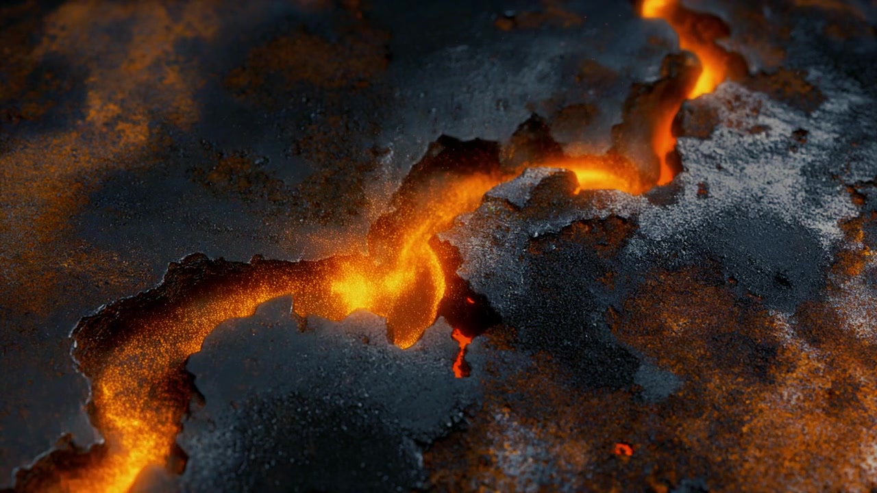 Molten Lava Flowing Through Dark Volcanic Rock Texture