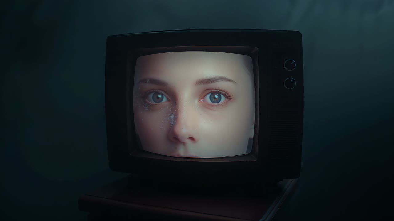Flickering scan lines initiating close-up woman blinking on CRT television in dim room, dark wall