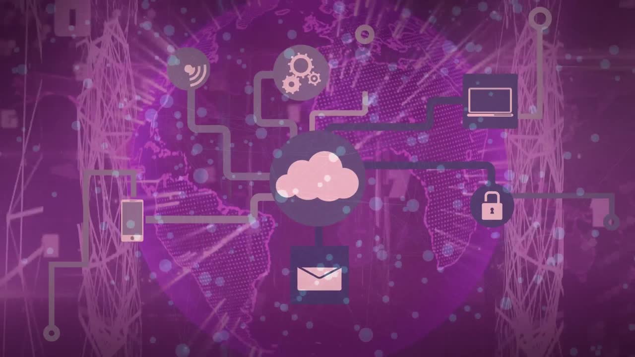 Animation of data processing and globe over media icons