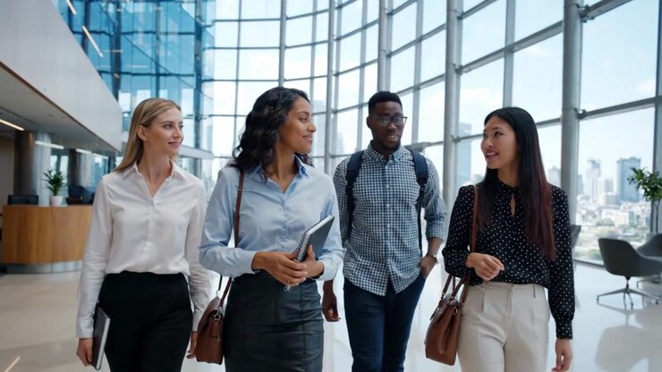 Diverse business team walking and talking in modern office lobby
