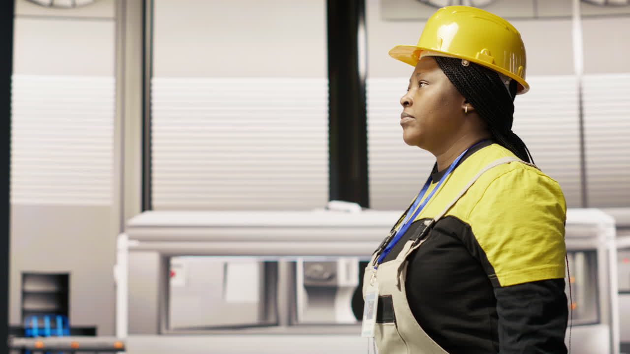 Vertical video Technician walking in industrial plant, using toolbox to fix equipment
