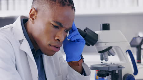 science, microscope and stress with a doctor man