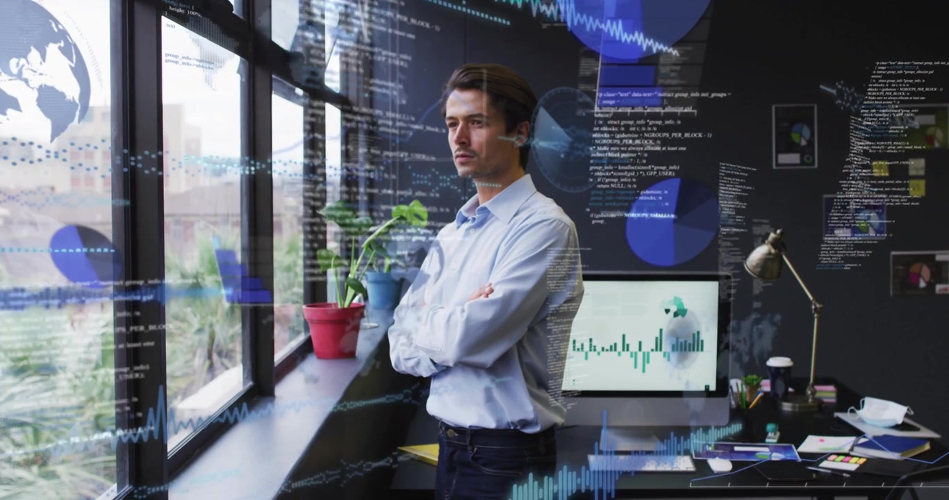 Man standing at view, tech chart updating causing pie layers rising,fading across frame, deciding