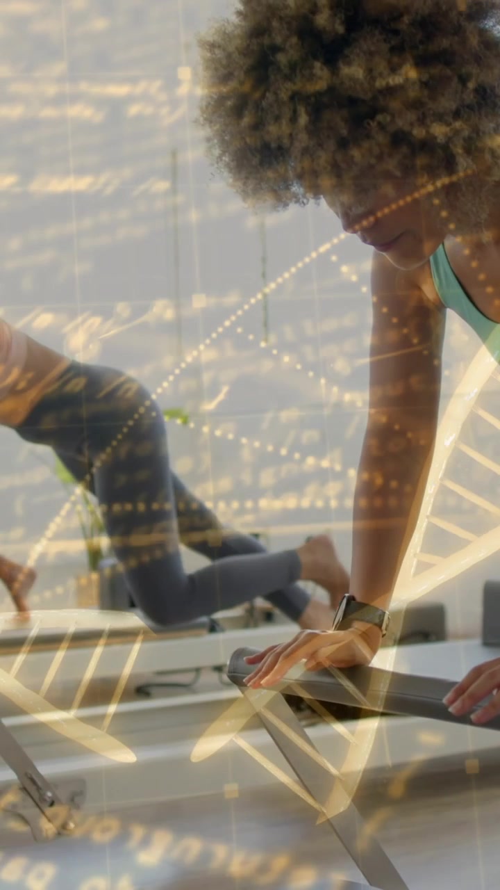 Women exercising on reformer machines with DNA strand animation overlay