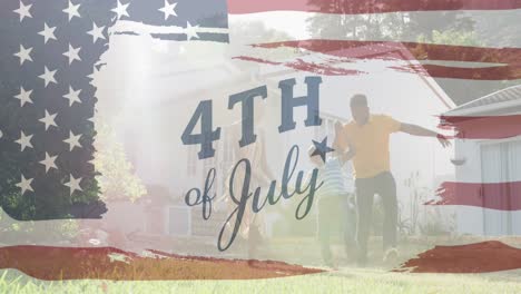 Independence-day-text-banner-against-african-american-family-playing-together-in-the-garden