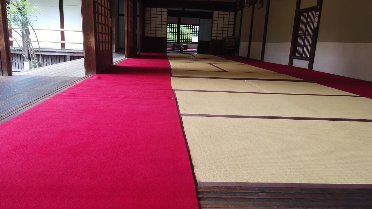 Nội thất nhà truyền thống Nhật Bản với sàn chiếu Tatami và hiên nhà, chụp từ góc thấp, Nhật Bản