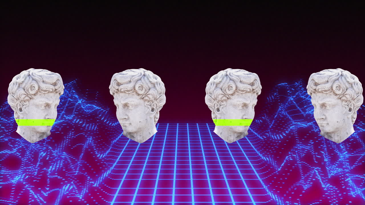 메타버스 배경에 있는 고대 머리 조각의 애니메이션