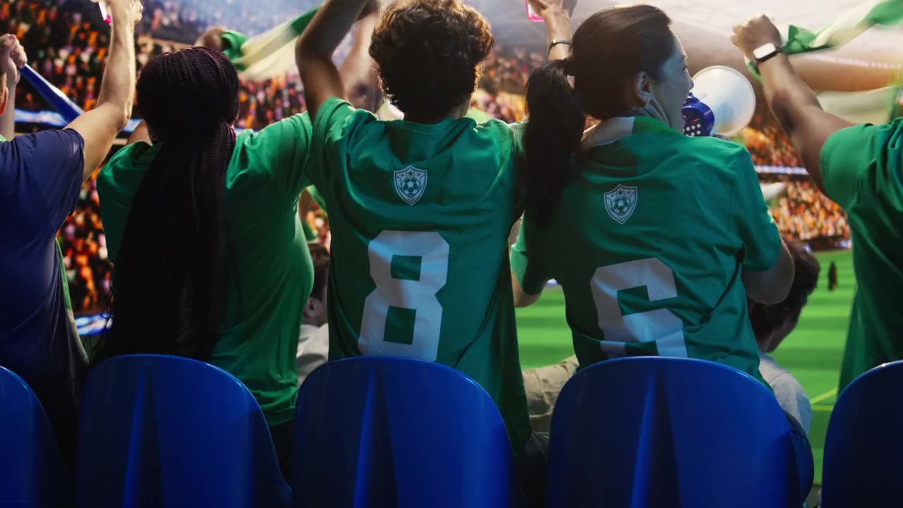 Tifosi di calcio felici sugli spalti affollati dello stadio che acclamano i giocatori
