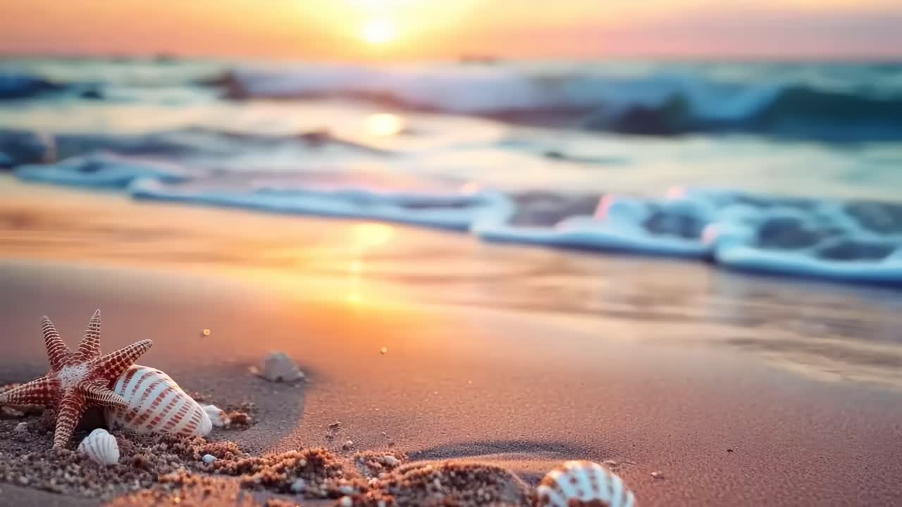 Low-angle video captures a serene beach sunset with seashells in the foreground, waves gently