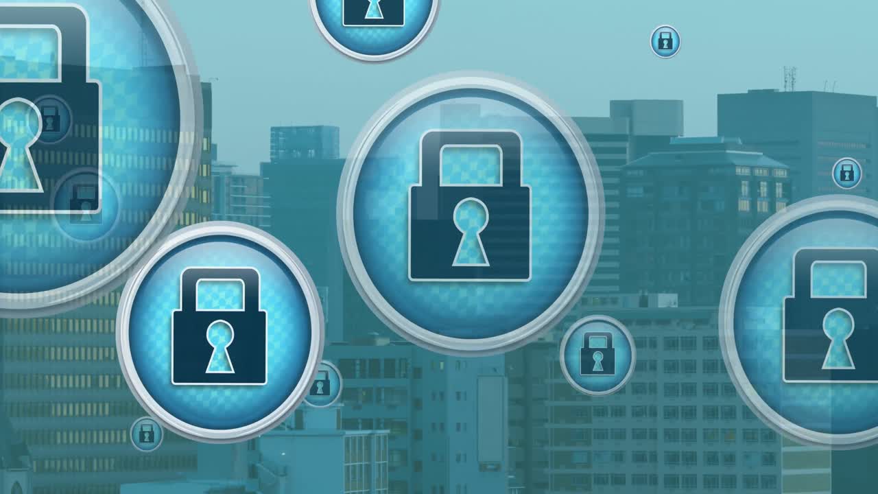 animación de iconos de candados sobre el paisaje urbano