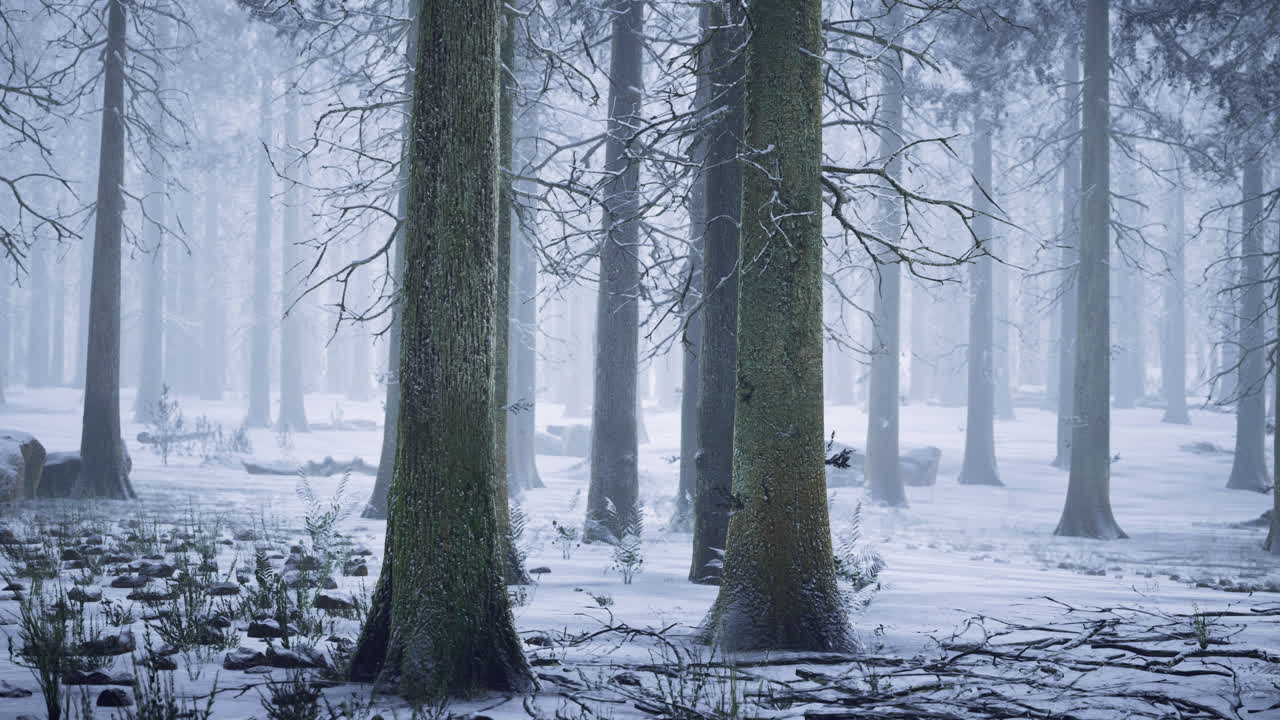 Winter forest landscape with snow covered ground and tall trees