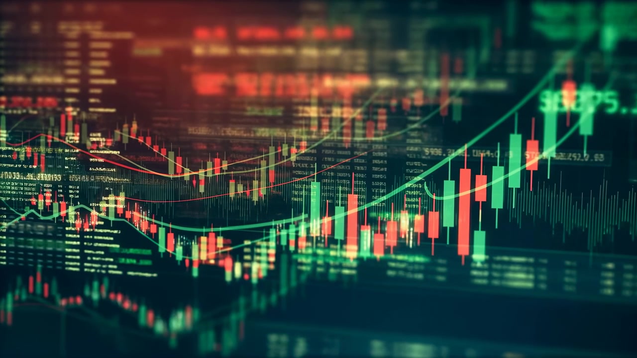 Grafico a candele dinamico del mercato azionario in aumento con barre verdi e rosse, linee di media mobile, istogramma del volume