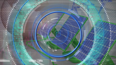 animación del círculo de procesamiento y el globo sobre paneles solares