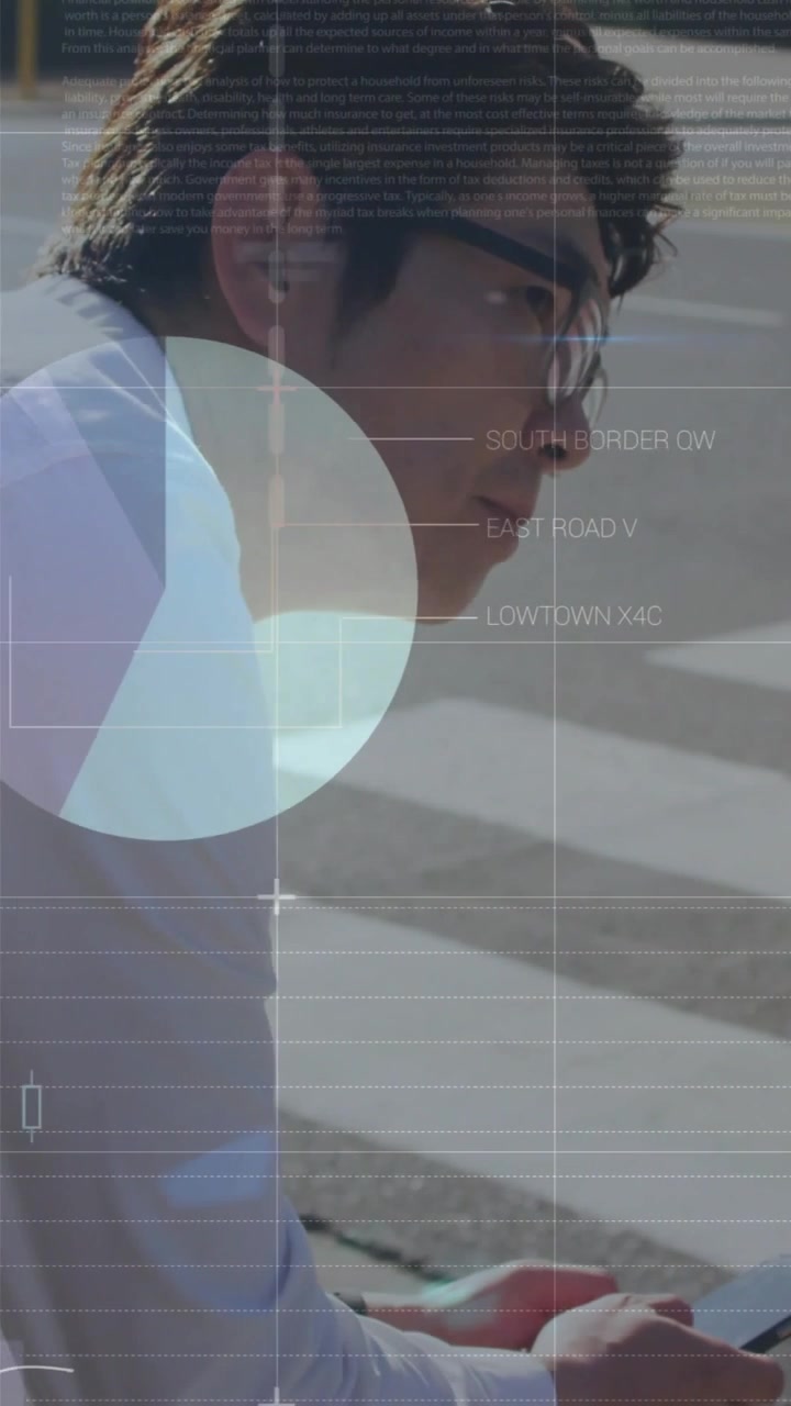 Vertical video: Mature man tapping device at curb displaying finance charts overlaying for markets