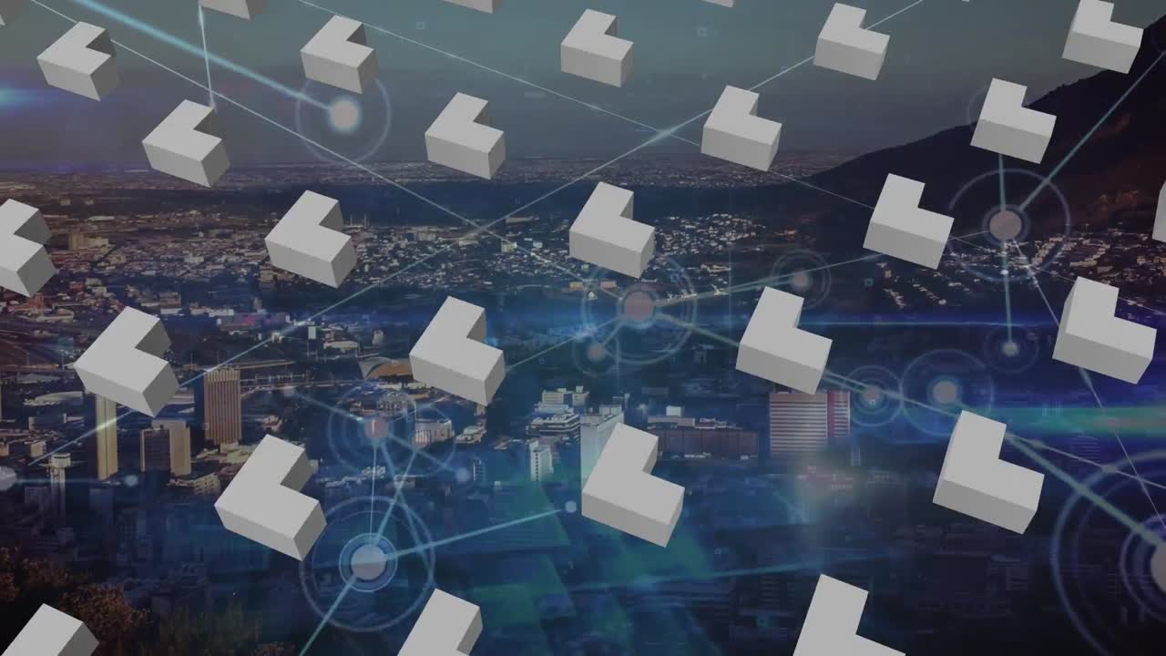 도시 풍경 위의 모양과 반점의 애니메이션