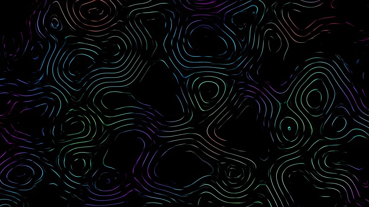 Thin luminous curves drift continuously across dark field, forming irregular rings and wavy layered outlines as colored highlights shift through cyan, violet, green, blue, and warm amber tones.