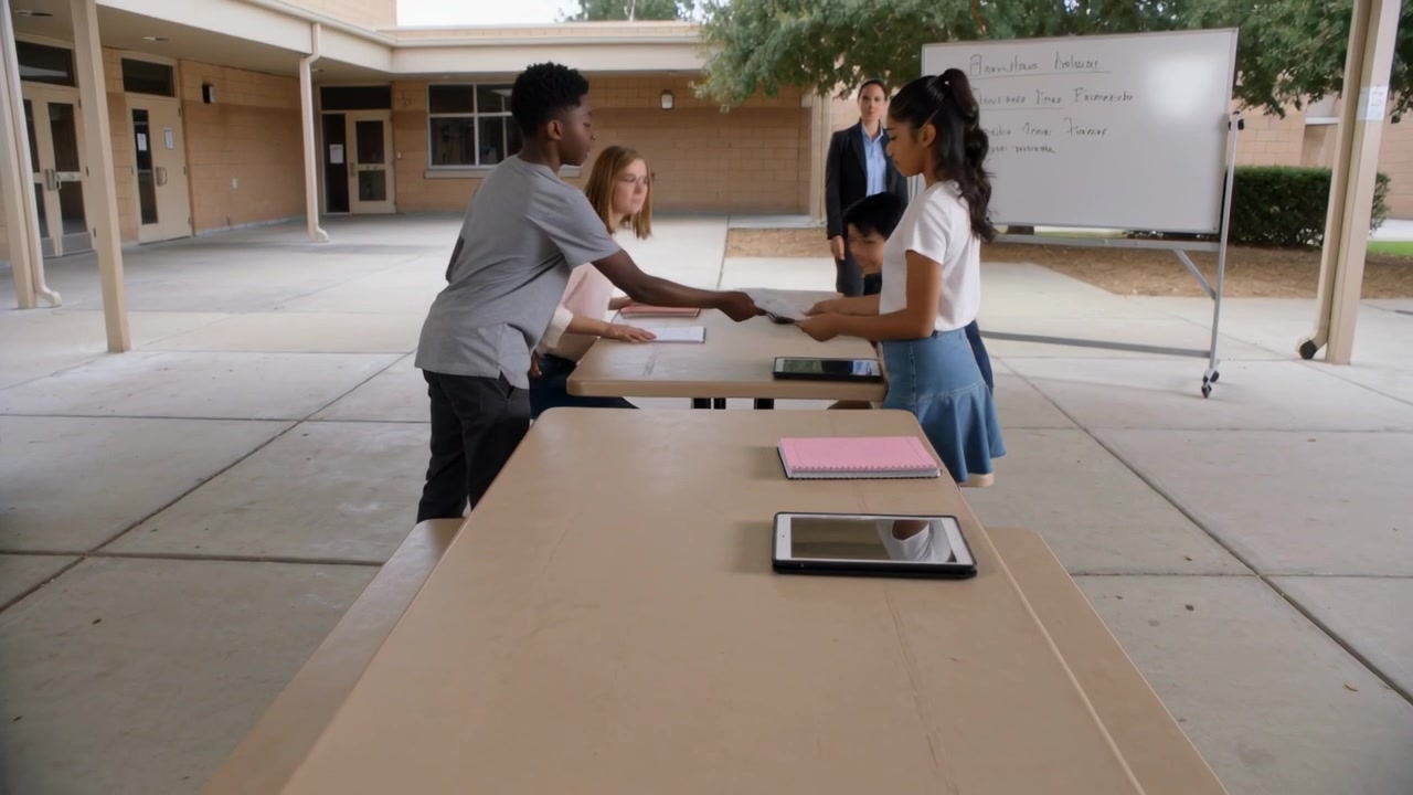 Adolescenti che arrivano, posizionano i tablet sul tavolo del cortile della scuola, consegnando documenti a una donna seduta che indossa un top.