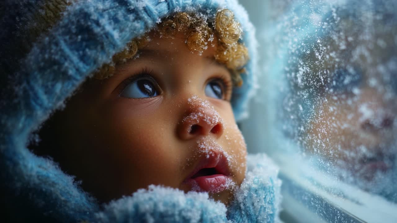 A Child's Enchanted Gaze: Capturing the Wonder of Winter through Frosted Glass, Where Snowflakes Dance in Delight and Curiosity Holds the Heart in a Magical Embrace