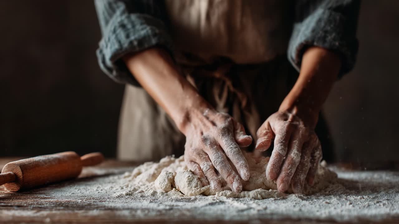 Mastering the Art of Dough: A Kitchen Scene Capturing the Intense Process of Kneading Flour and Water into a Perfectly Soft and Smooth Dough for Baking