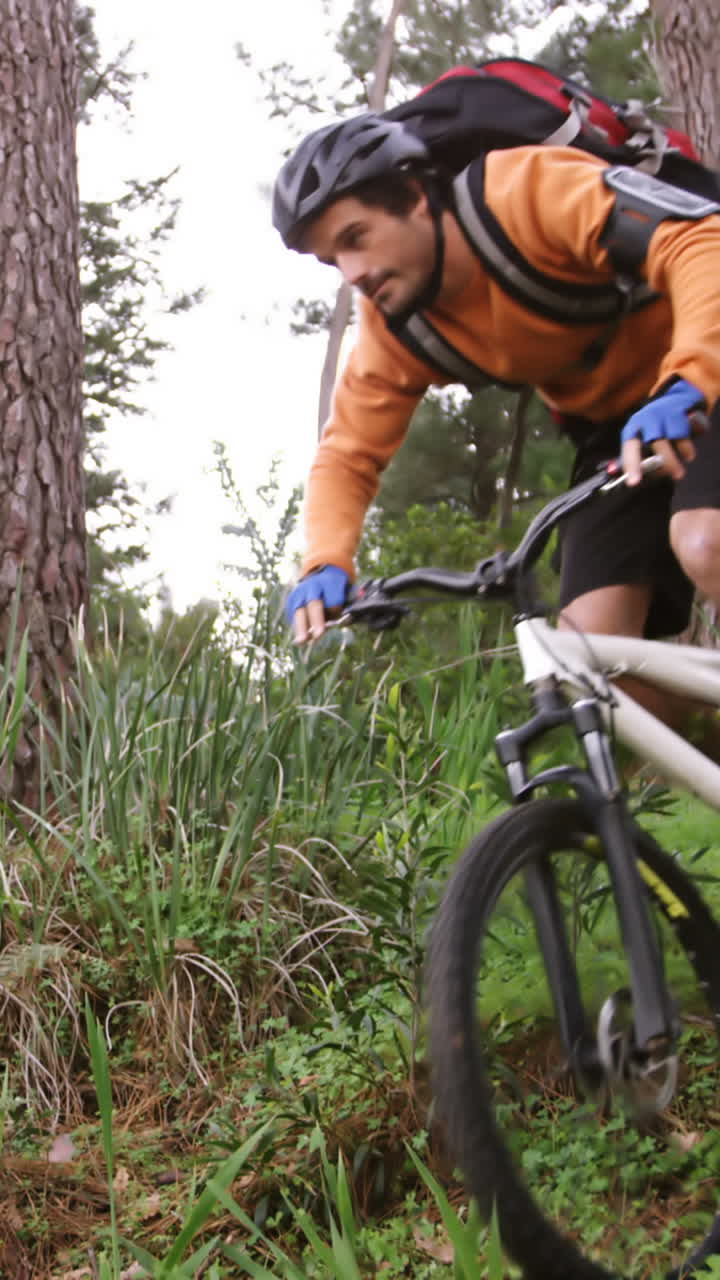 Male mountain biker riding in the forest