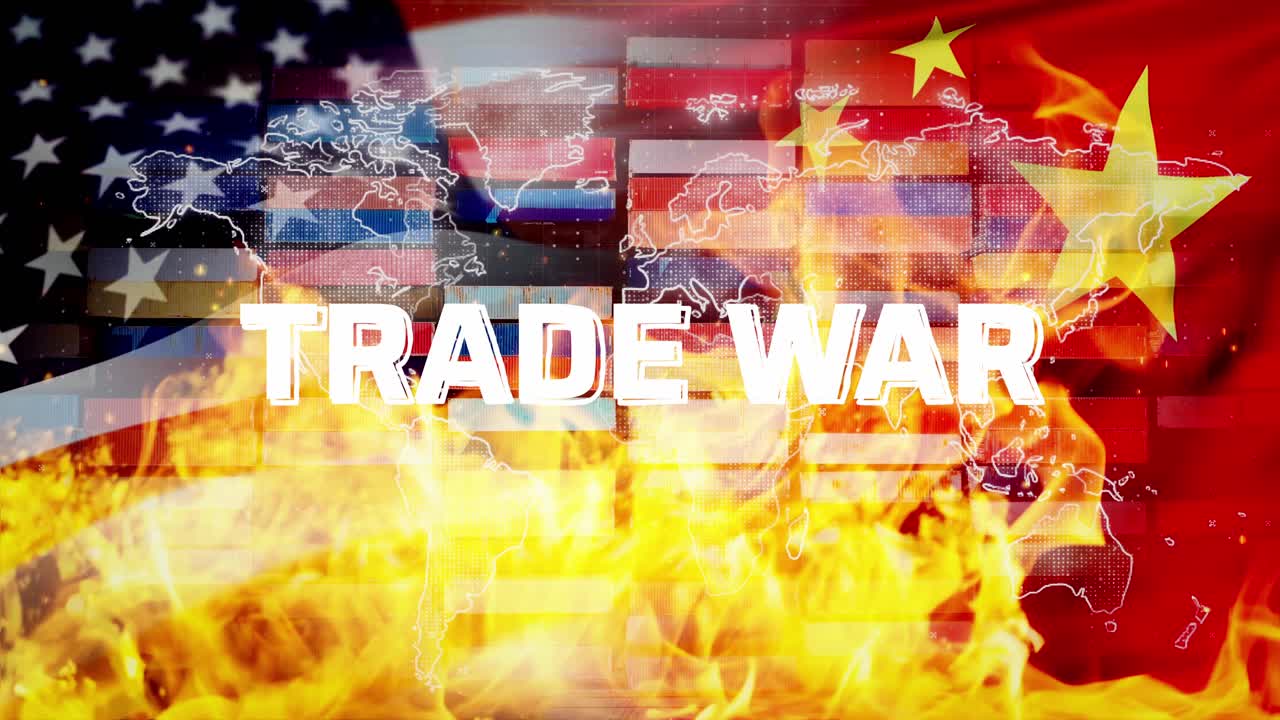 Dramatic global concept showing trade conflict between USA and China with fire