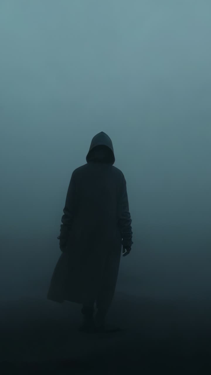 Vertical video: Emerging hooded figure walking through dense fog toward viewer, with long dark coat