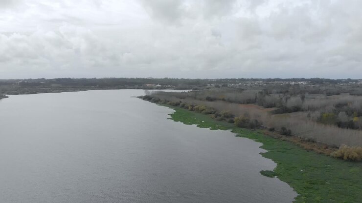 Veduta aerea di un grande lago in una giornata autunnale nuvolosa.