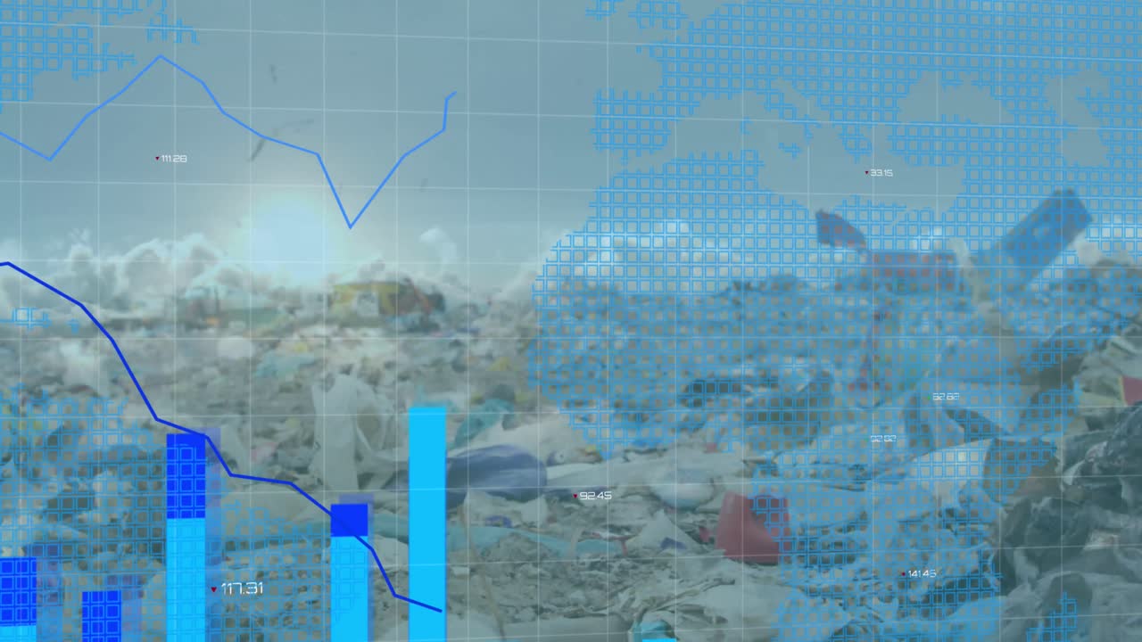 그래프와 지도의 애니메이션은 구름 속의 태양과 쓰레기 매립지의 낮은 각도 관측입니다.