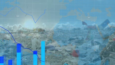 animación de gráficos y mapas sobre el sol en las nubes y vista de ángulo bajo del vertedero.
