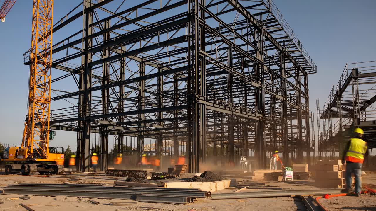 Low-angle video of a construction site with steel frameworks, capturing dynamic motion and dust