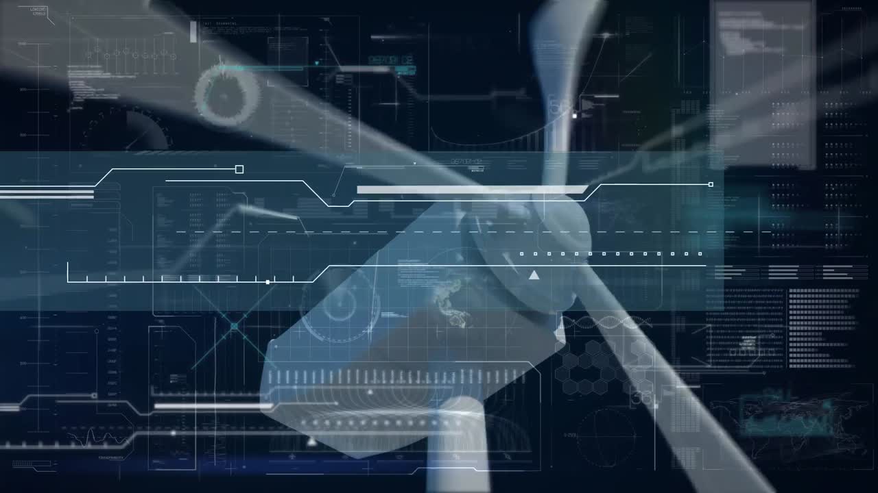 배경에서 바람 터빈이 회전하는 데이터를 처리하는 애니메이션