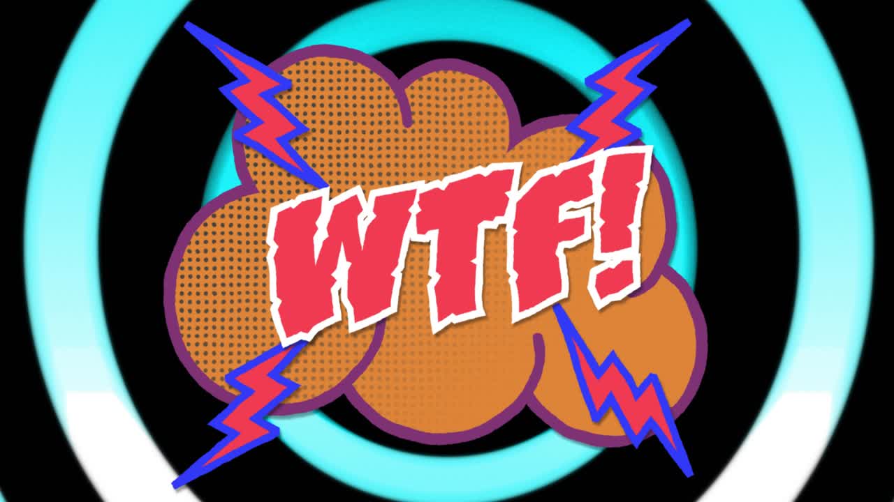 animación del texto wtf sobre círculos de colores sobre fondo negro