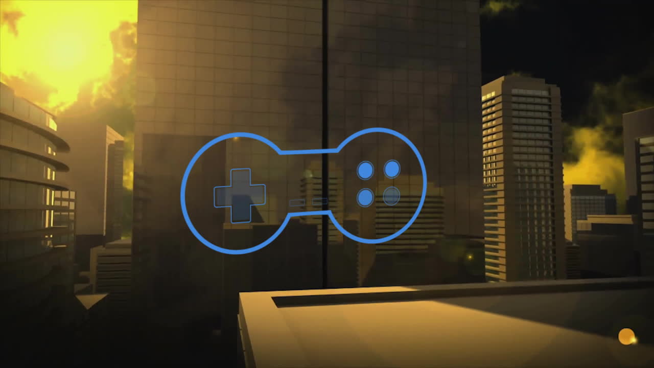 Animation of game controller icon hovering over cityscape at glowing sunset