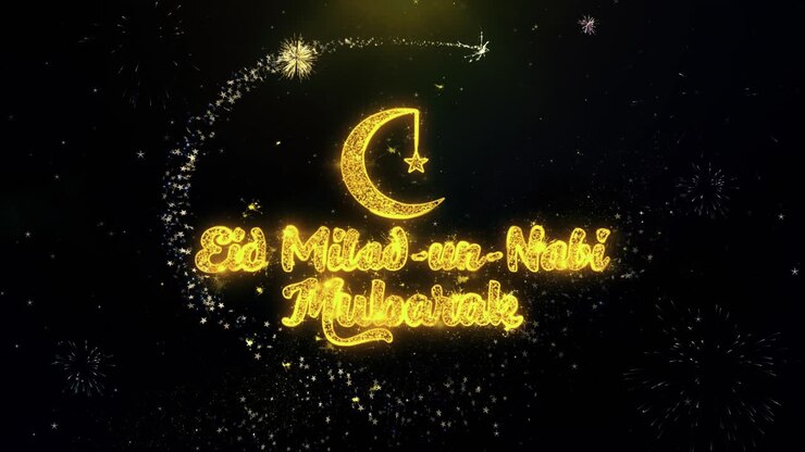 Design grafico Eid Milad un Nabi Mubarak con fuochi d'artificio e luna crescente