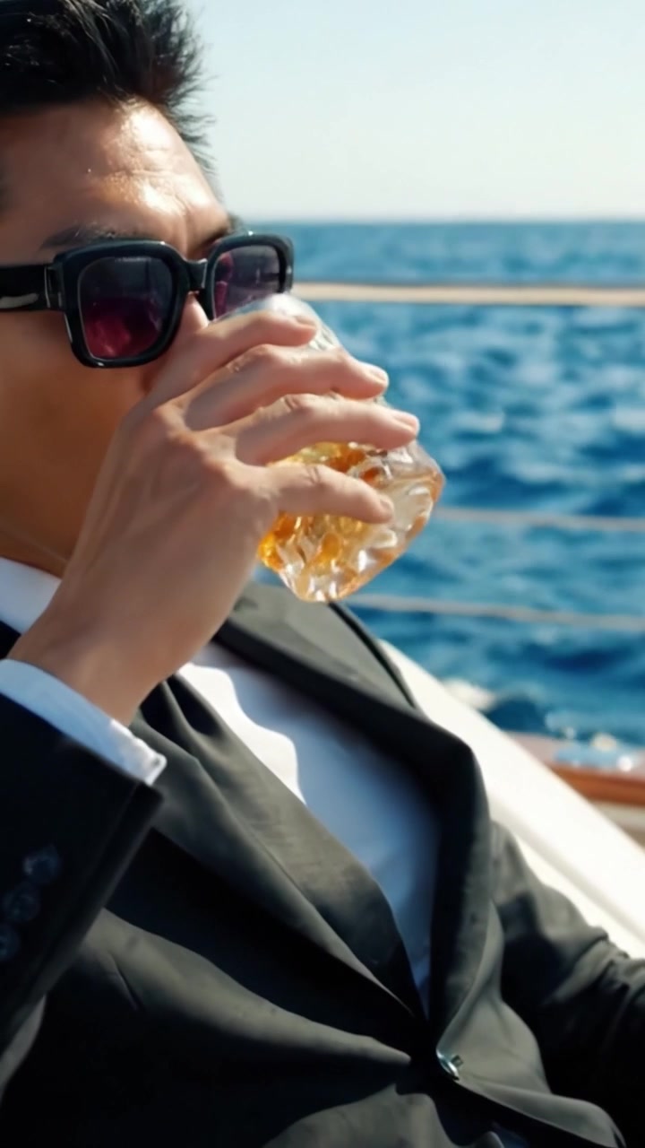 Un uomo sofisticato che si gode un momento di relax su uno yacht con un bicchiere di whisky, catturando l'essenza del lusso e del tempo libero sotto il sole splendente