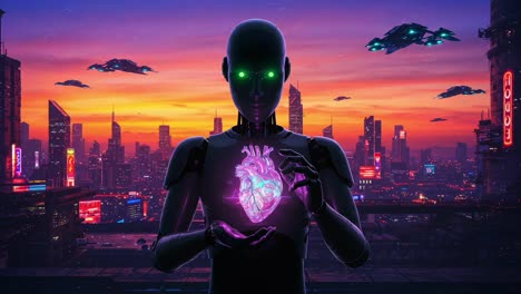 a futuristic android contemplating the essence of humanity with a glowing heart in an urban cyberpunk environment under a vibrant sunset sky