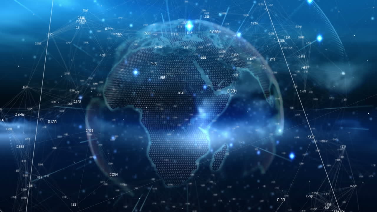 파란색 배경 위에 모양을 가진 지구의 애니메이션