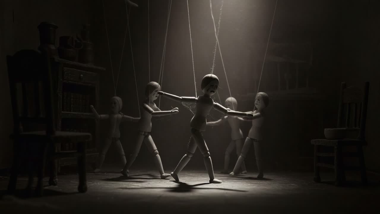 A Captivating Dance of Puppets in an Enigmatic Dimly Lit Room, Raising Questions About Control, Freedom, and the Nature of Performance in an Artisan's Setting