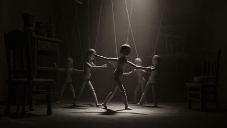a captivating dance of puppets in an enigmatic dimly lit room, raising questions about control, freedom, and the nature of performance in an artisan's setting