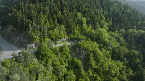 Coche-Aparcado-En-El-Paso-De-Montaña-Con-Bosque-Verde-En-Sus-Laderas