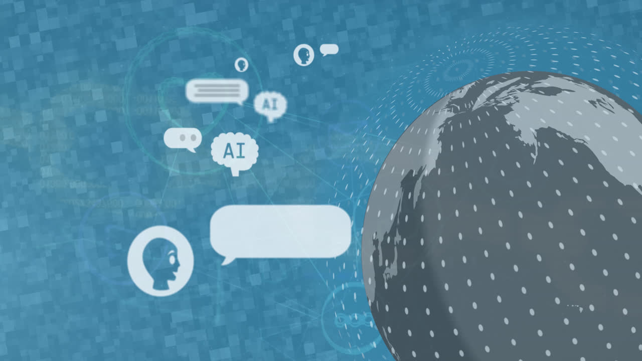 Animation of ai data processing over globe with ai icons