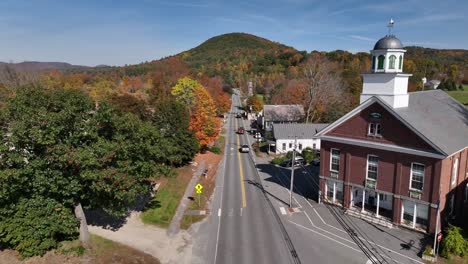 aerial pullout to courthouse in chester vermont in fall