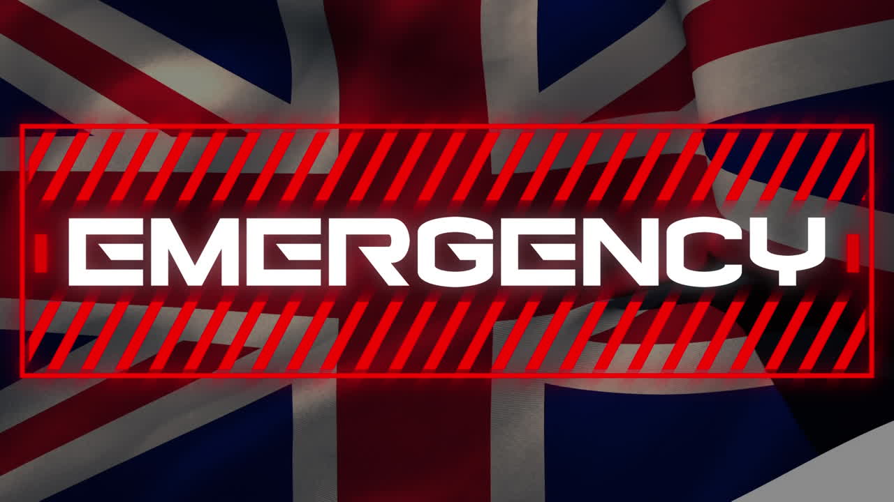 animación de la bandera británica sobre un discurso de burbuja con información en rayas rojas