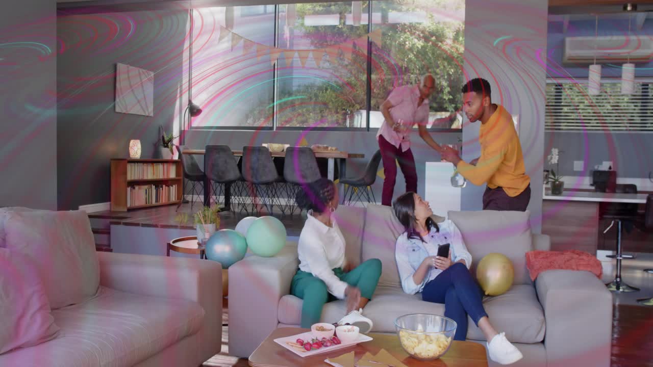 Two women tapping phone on couch, sparking animations and men moving toward couch for marketing