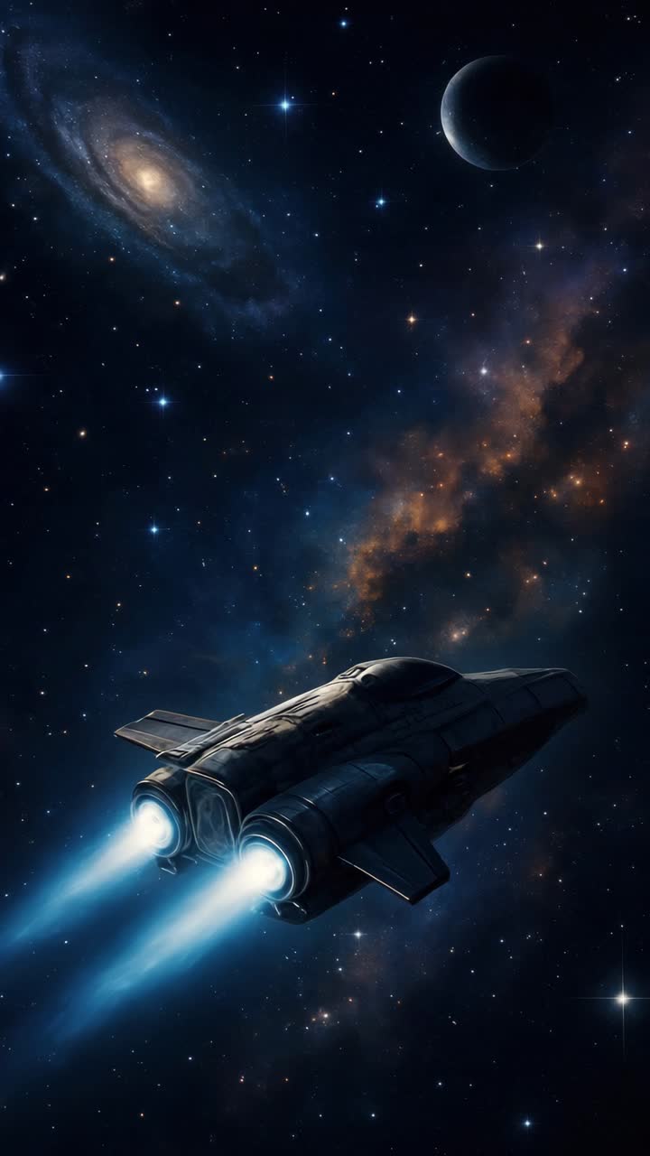 A spaceship travels through a starry galaxy, viewed from a rear angle
