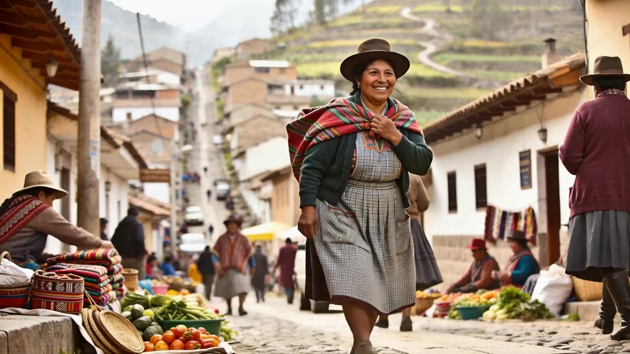 Walking Andean woman in bowler adjusting shawl while greeting buyer on market street with produce