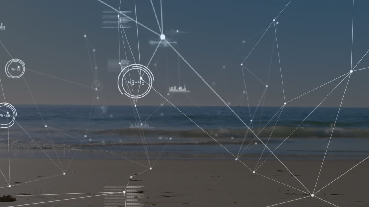 Animation of network of connections and data processing over fit woman running by seaside